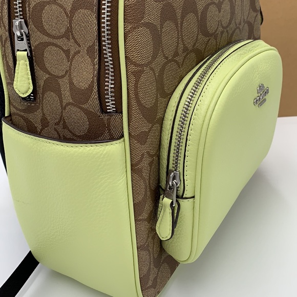 COACH NWT COURT BACKPACK IN SIGNATURE CANVAS KHAKI PALE LIME COLOR - Picture 7 of 16